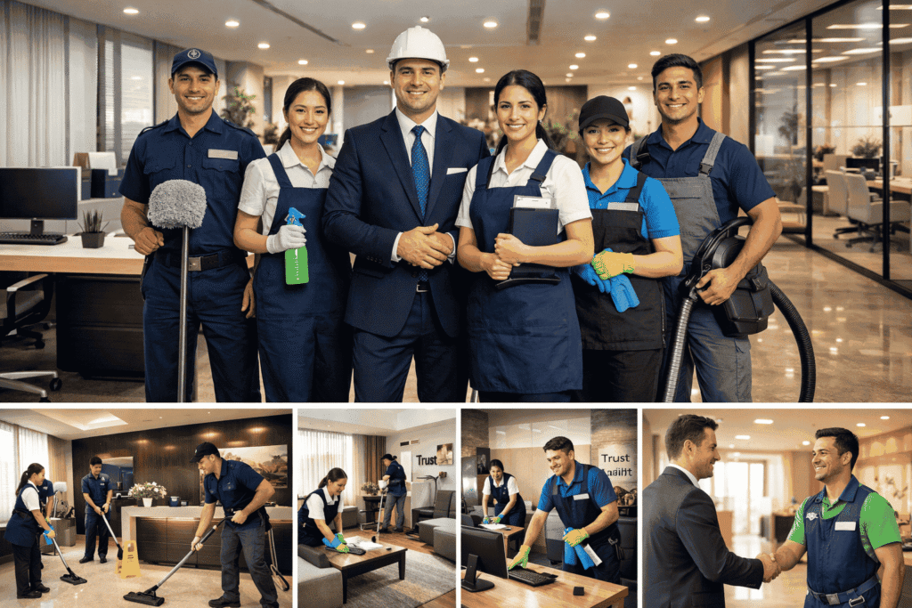 Professional facility management and housekeeping team cleaning modern office space with equipment