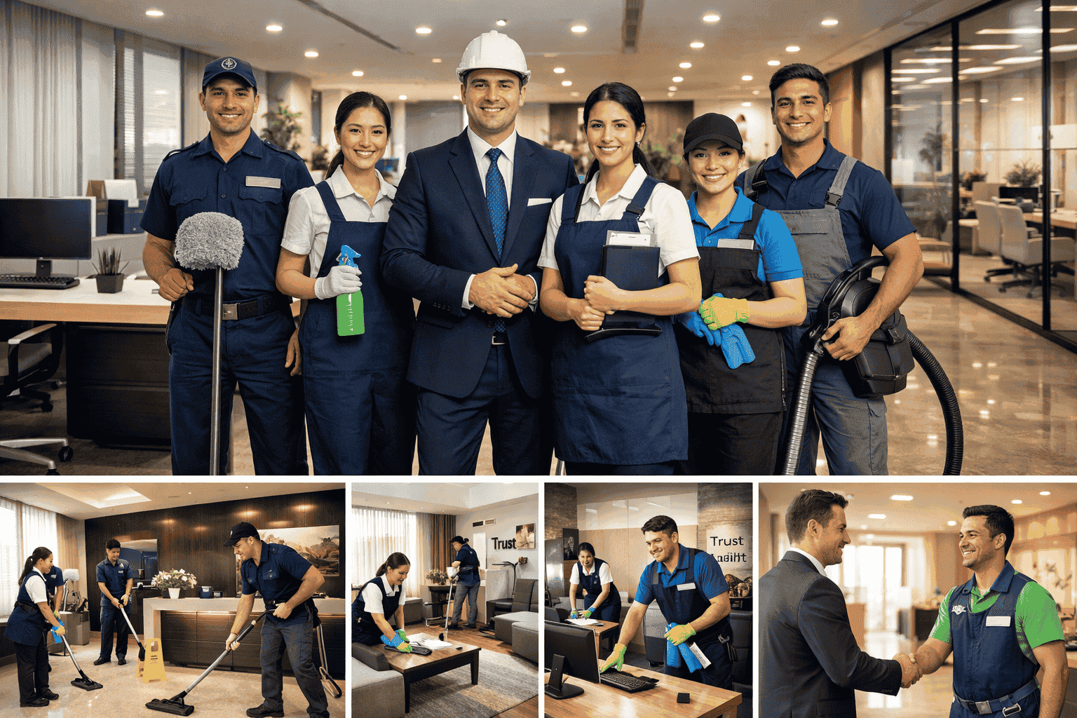 Professional facility management and housekeeping team cleaning modern office space with equipment
